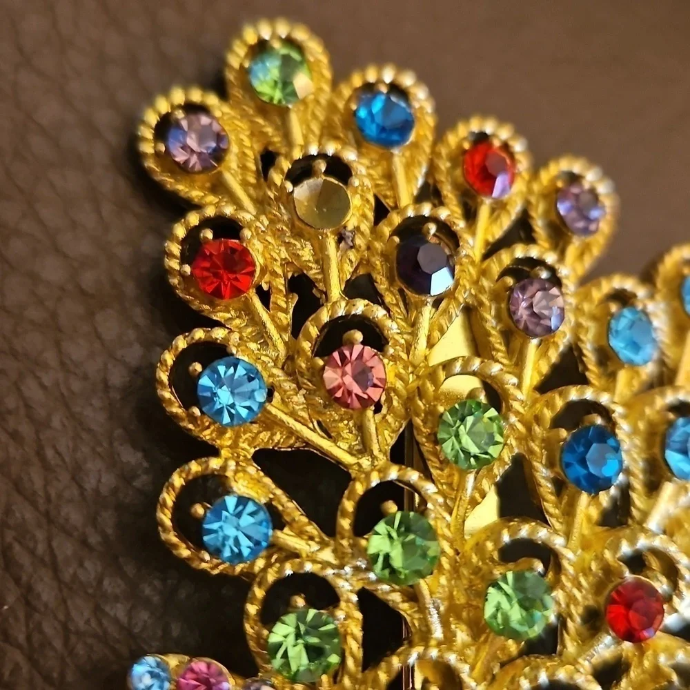 Vintage Large Colorful Rainbow Rhinestone Peacock Brooch